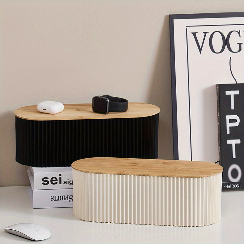 All-in-One Cable Management Box - Wooden Power Strip Storage Box with Desktop Wire Organizer for Office Stationery and Cosmetics