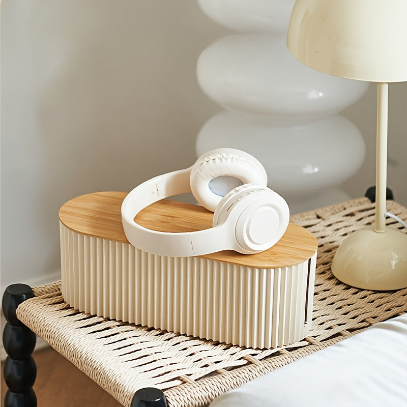 All-in-One Cable Management Box - Wooden Power Strip Storage Box with Desktop Wire Organizer for Office Stationery and Cosmetics