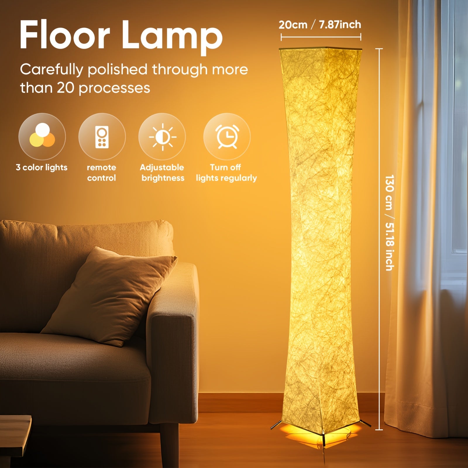 52" Soft Light Floor Lamp | Modern Slim Warm Light 3000K LED Tyvek Fabric Shade Standing Lamp with Remote Control for Living Room, Bedroom, Game Room - Powered, Matte Metal End
