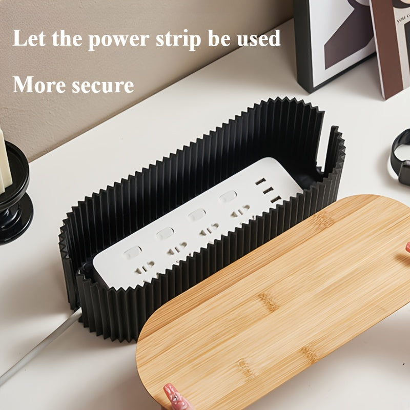 All-in-One Cable Management Box - Wooden Power Strip Storage Box with Desktop Wire Organizer for Office Stationery and Cosmetics