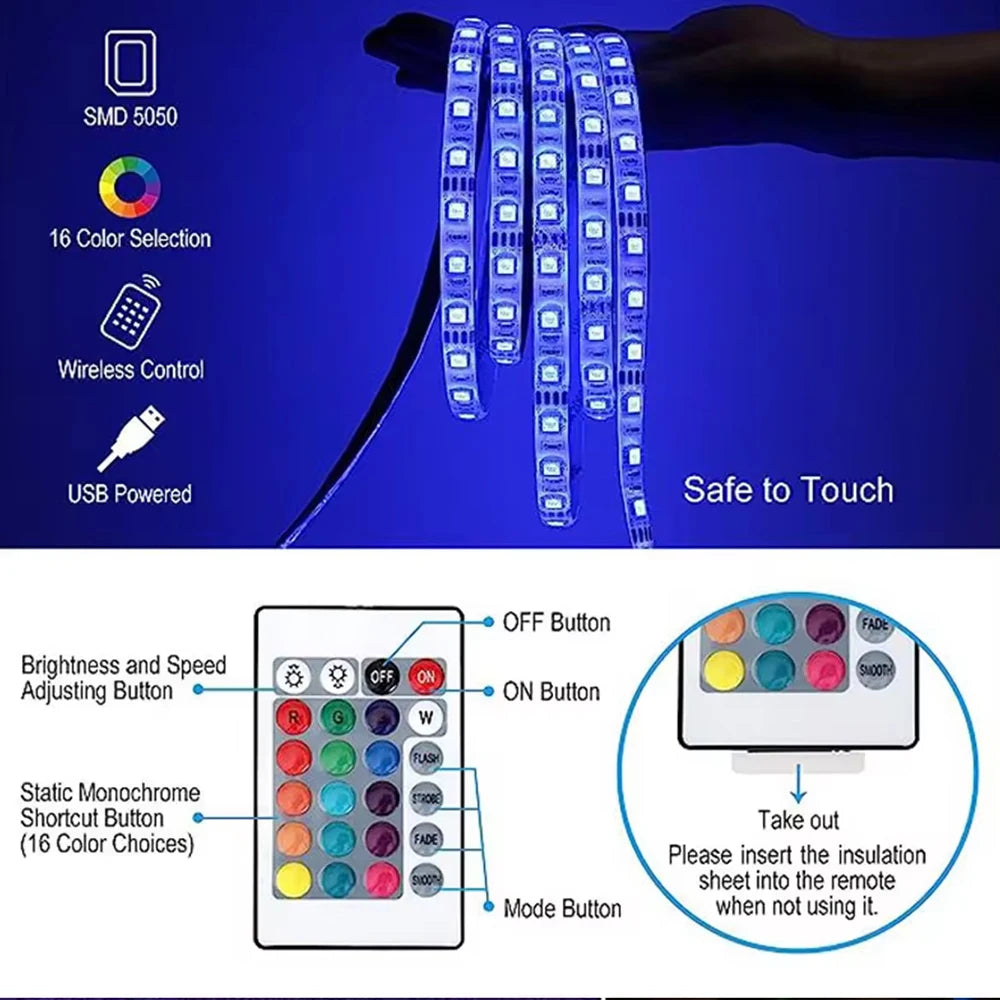 Smart LED Strip Lights 5050 RGB Bluetooth APP Remote Control USB 5V Led Tape Diode Flexible Ribbon Lamp Christmas Room Decor